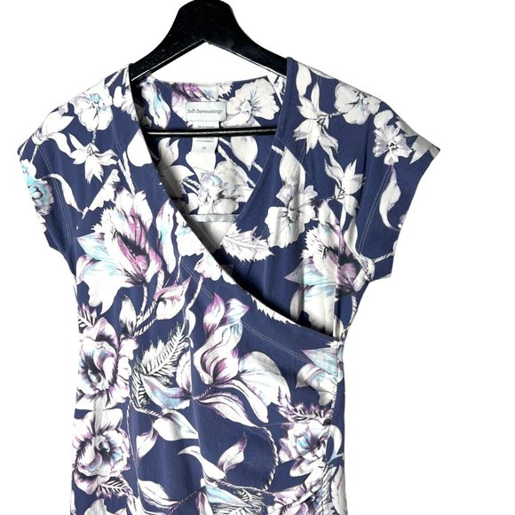 Soft Surroundings Blue Surplice Neckline Short Sleeve Floral Knee Length Dress X - Picture 2 of 9